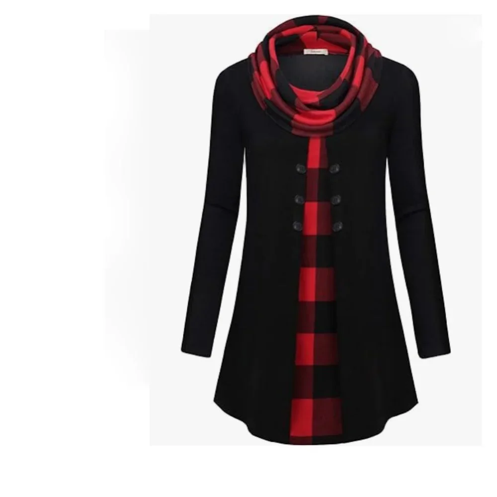 Bebonnie Buffalo Check Long Slv Cowl Neck Warm Splicing Tunic Top with Buttons - Picture 2 of 14